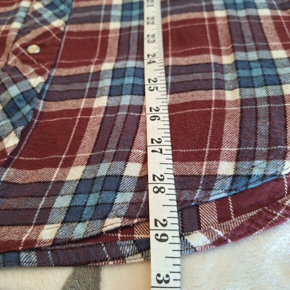 Wrangler Wrancher Men's Large Maroon Plaid Flannel Pearl Snap Button Up Shirt - Picture 6 of 9